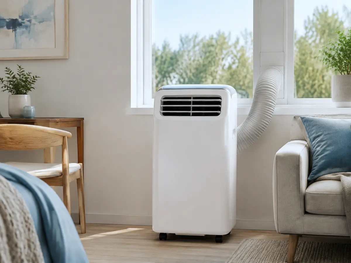 Ar condicionado portátil instalado junto a uma janela