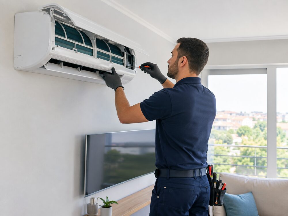 Técnico a realizar manutenção num ar condicionado doméstico
